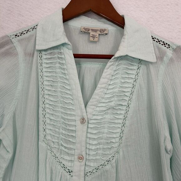 Vintage America Blouse Women S Mint Green Crinkle Pleat Lace Roll Tab Button Up - Picture 6 of 12